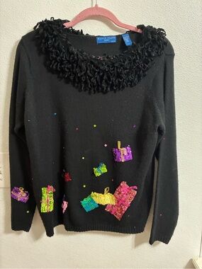 Karen Scott Black Sequin Gift-Appliqué Crewneck Holiday Sweater PM